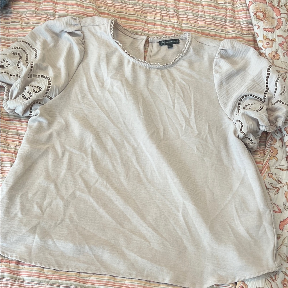 Light Gray Puff Sleeve Eyelet Top - Women's